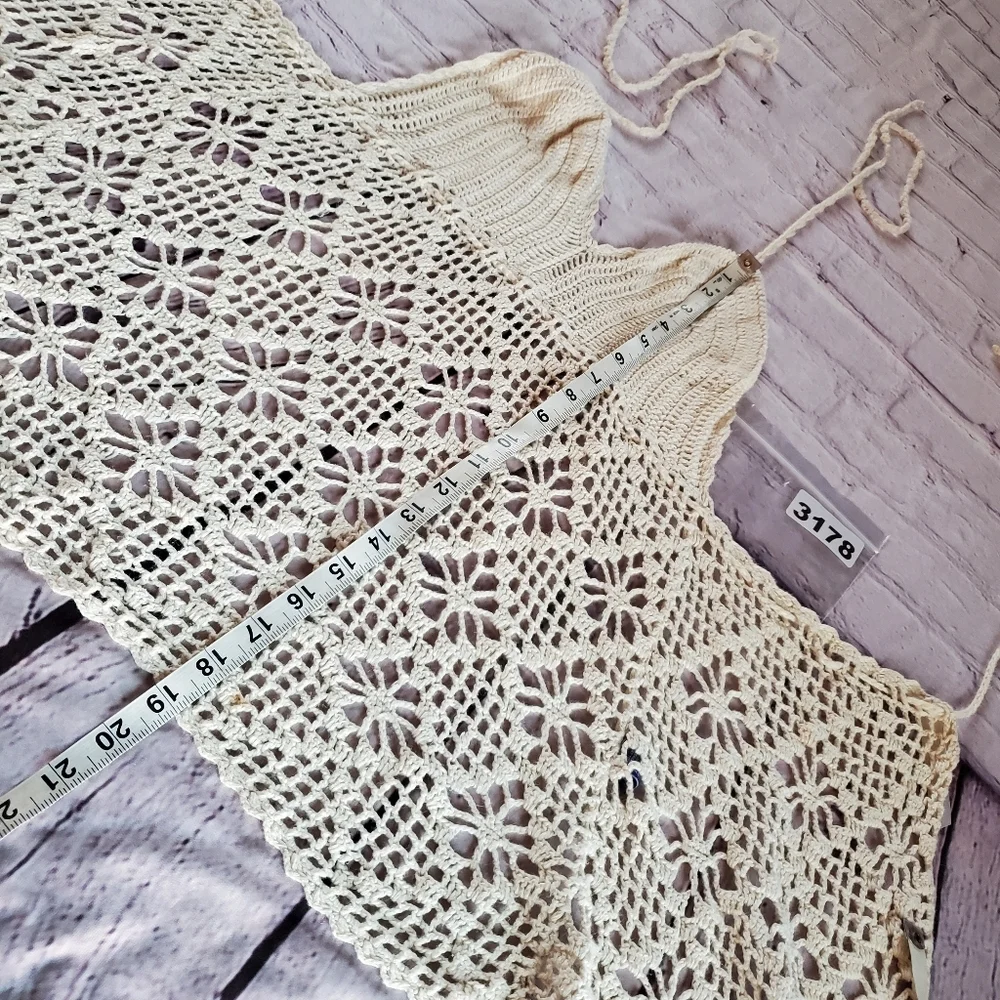 Lilu Y2K Crochet Tank Top Ivory Back Tie Romantic Sexy Bohemian Size Medium